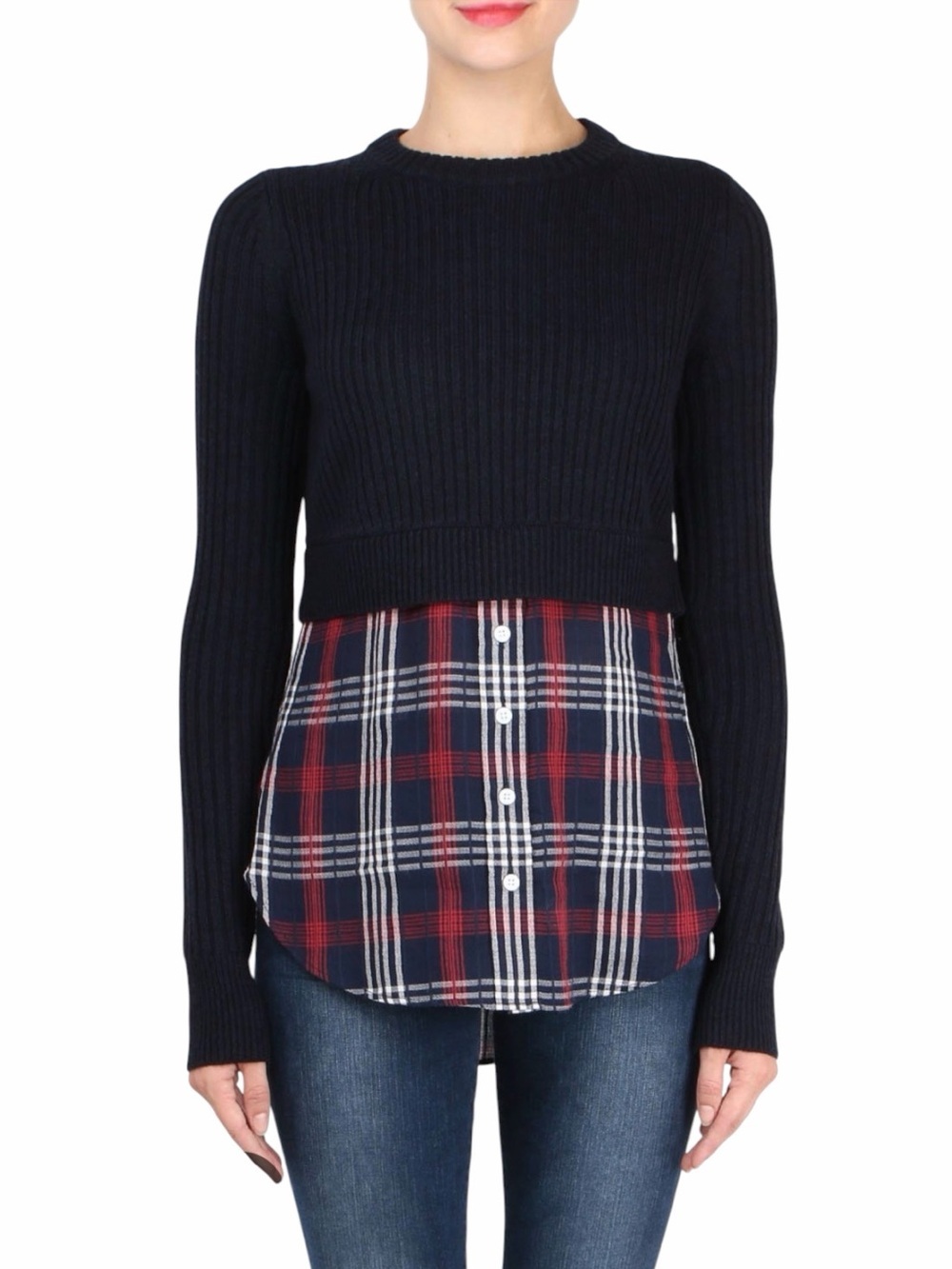 Veronica Beard Navy Ribbed Cropped Sweater with Red Plaid Shirt Hem